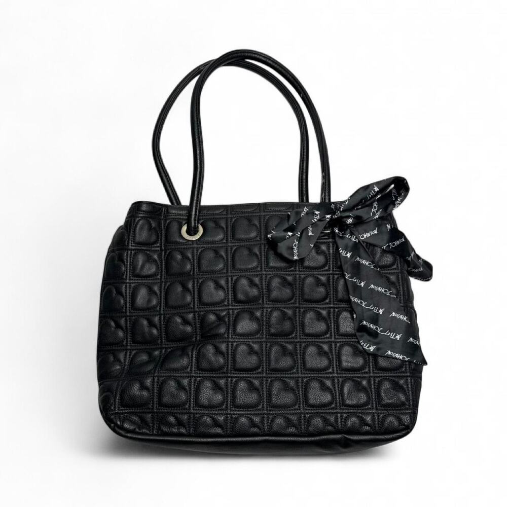 Betsey Johnson Black Vintage Y2K Large Purse quilted heart pattern tie bow bag